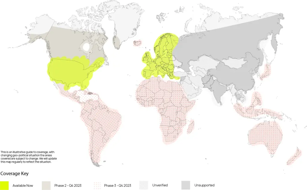 Nepokrytí oblastí mimo Evropu a USA je v současné době (říjen 2023) největší slabinou telefonu coby satelitního komunikátoru. Jak ale tato oficiální grafika ukazuje, do konce roku je v plánu pokrýt většinu Kanady a pevninu jižní polokoule.