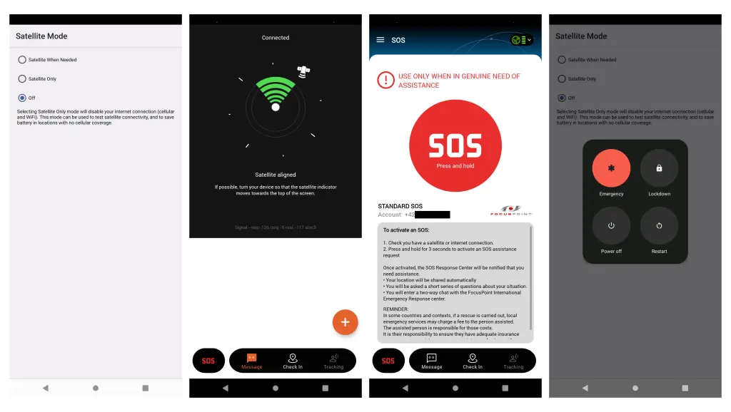 Softwarově je satelitní připojení dobře integrováno do systému a používání intuitivní. Zleva: Možnost používání (jen) satelitního připojení; síla satelitního signálu; nouzové volání SOS; možnost zavolání SOS po podržení tlačítka vypnutí.